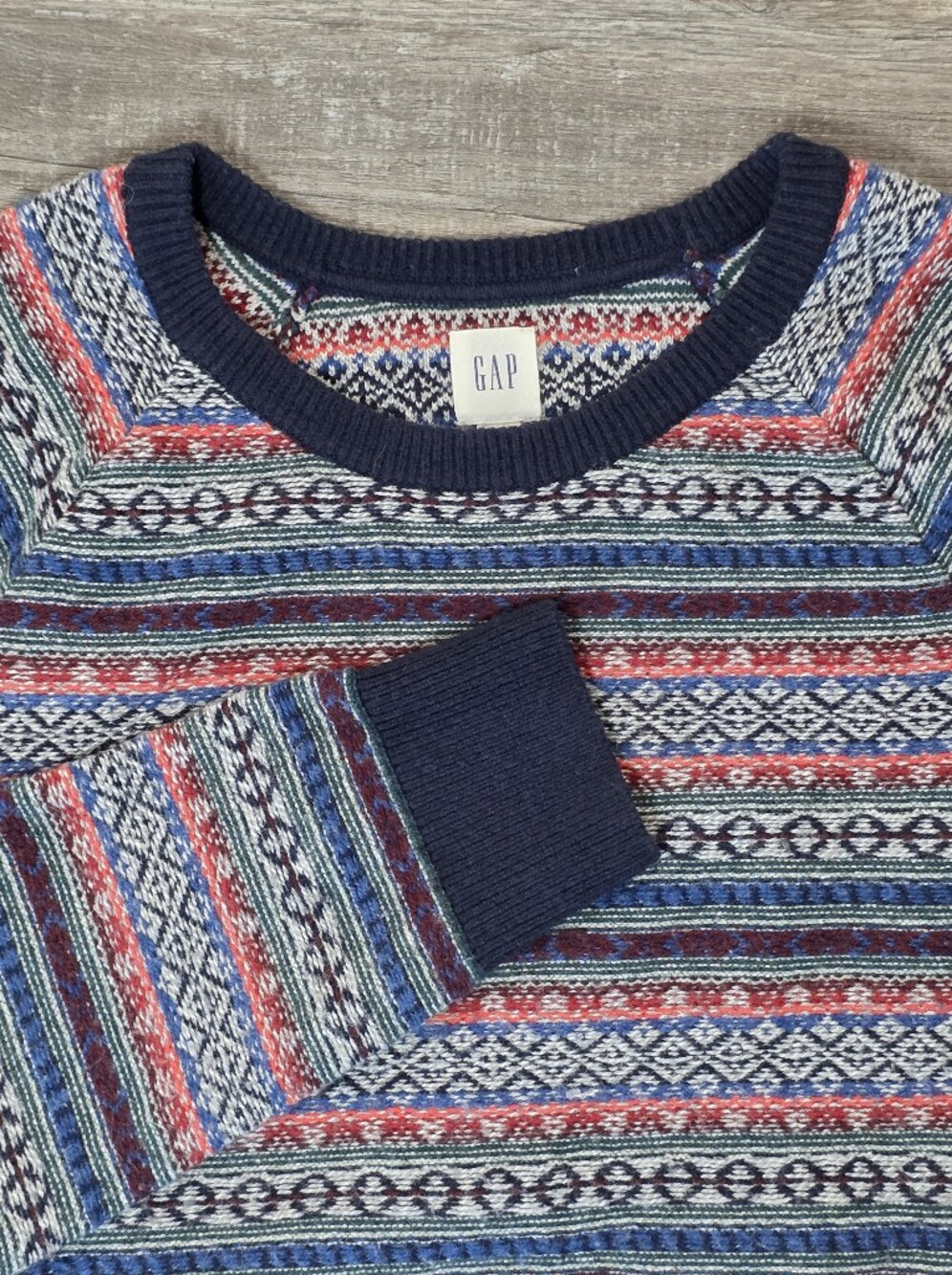 GAP Mens "Crazy" Fair Isle Knit Pattern Merino Wool Blend Crewneck Sweater Sz Lg